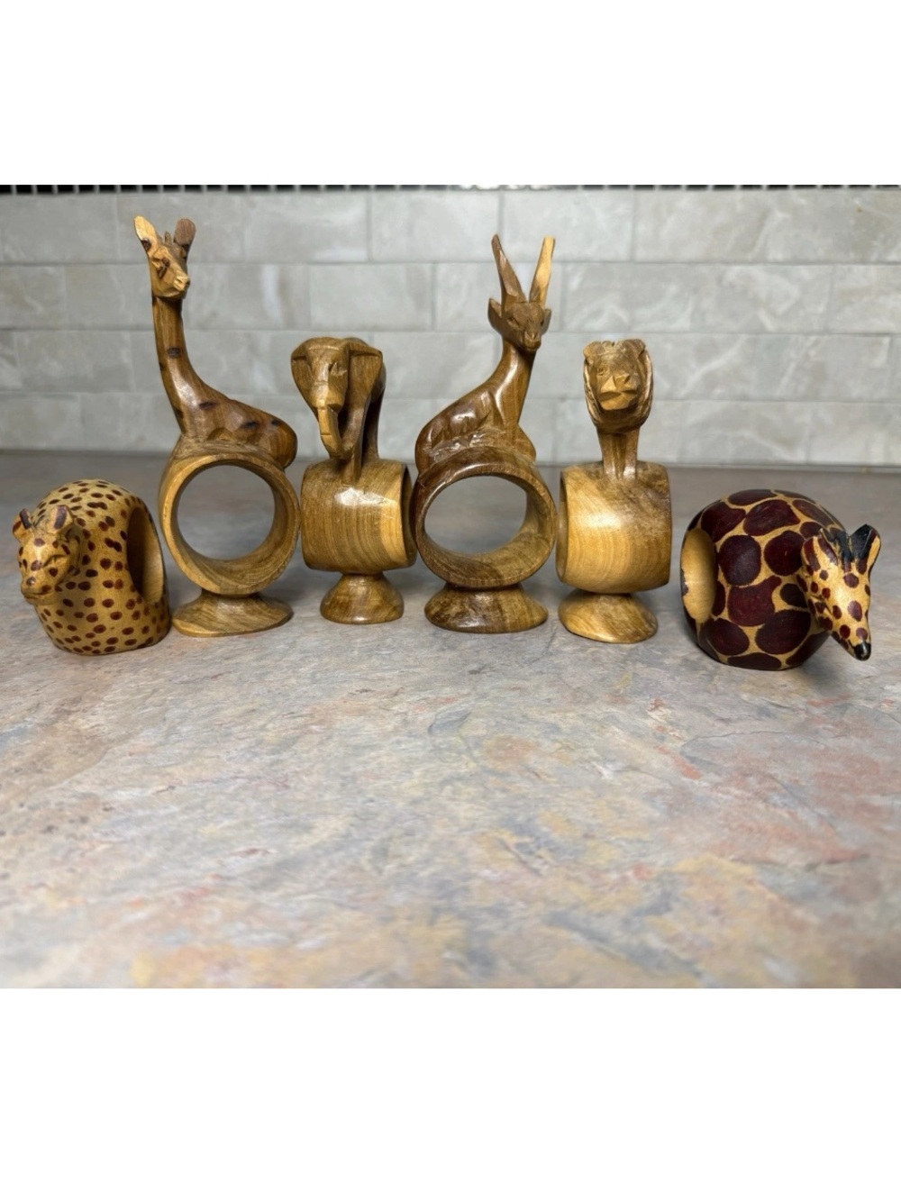 Safari Animal Wood Napkin Ring Set Hand Carved Lion Elephant Gazelle